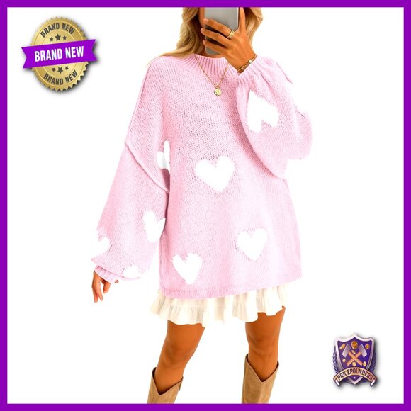 Sweaters - Oversized Heart Sweater Chunky Knit Mock Neck Long Sleeve Tunic Y2K